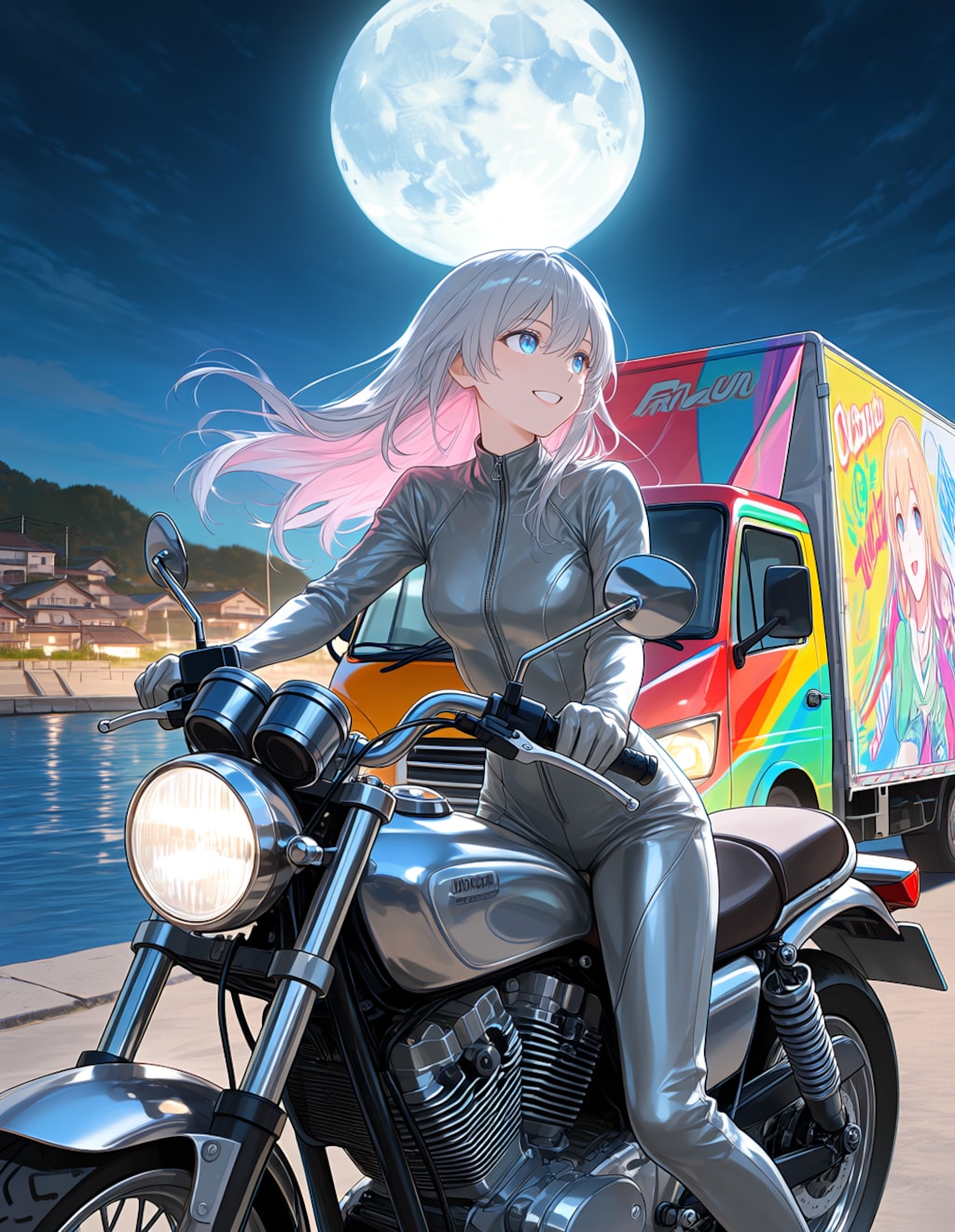 銀色?のライダースーツでバイクを跳ばす鈴木蘭さん