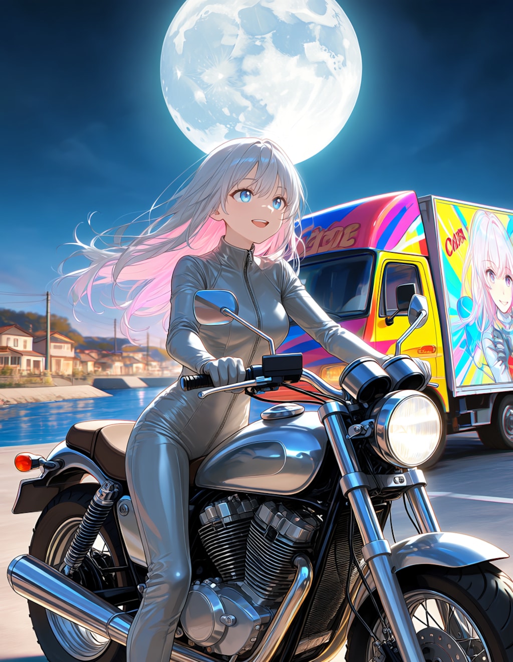 銀色?のライダースーツでバイクを跳ばす鈴木蘭さん