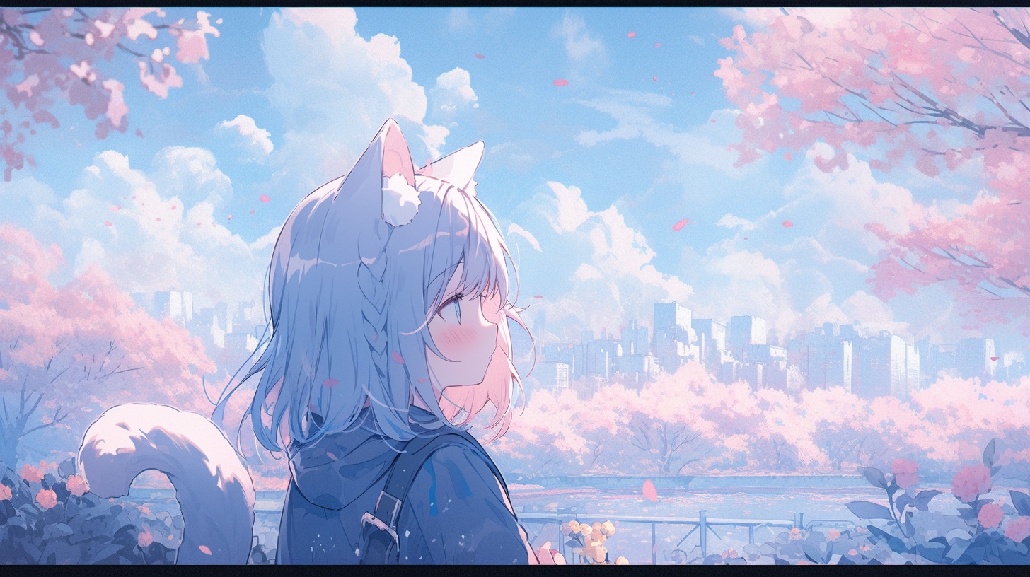 桜舞う街を眺める猫耳の少女