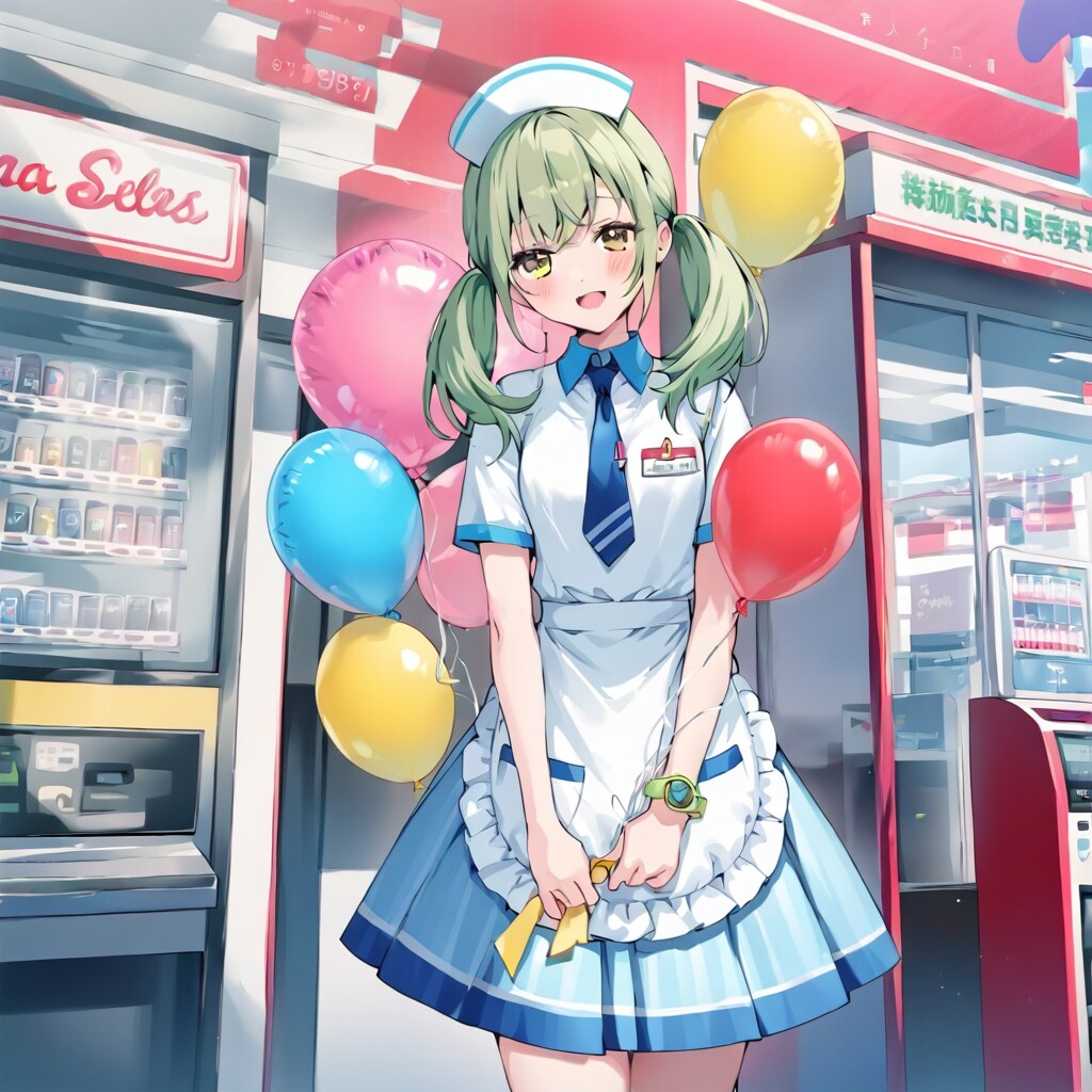 いっぱい色とりどりの風船を持つ緑髪ツインテールのガソリンスタンドの美女店員さん