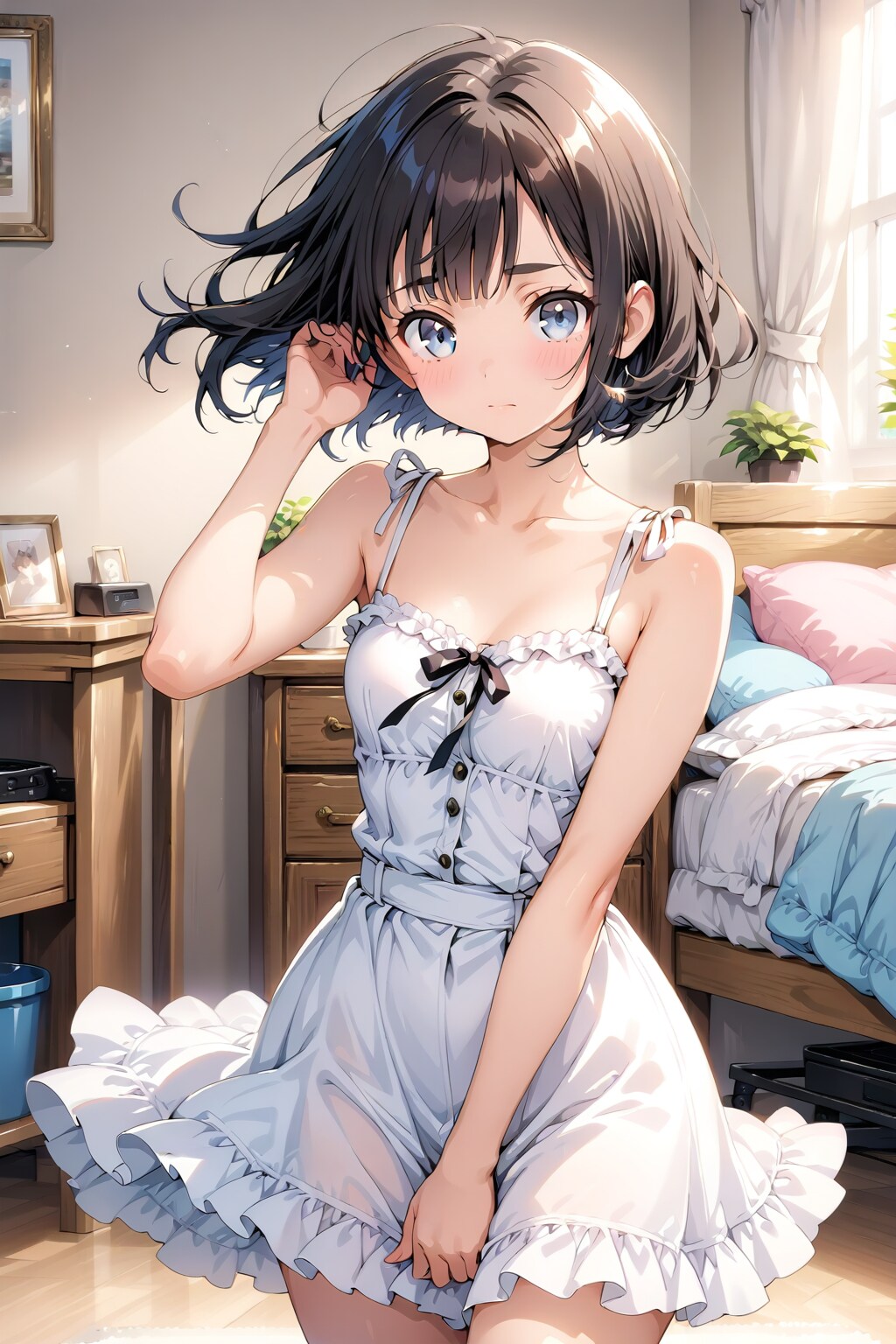 室内で白いワンピース編