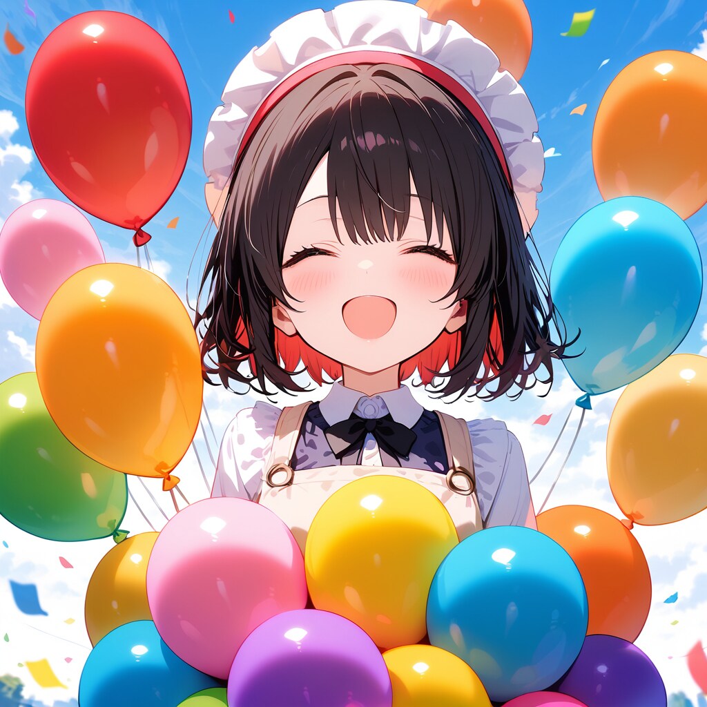 色とりどりの風船を持つ黒髪の保育士の先生。