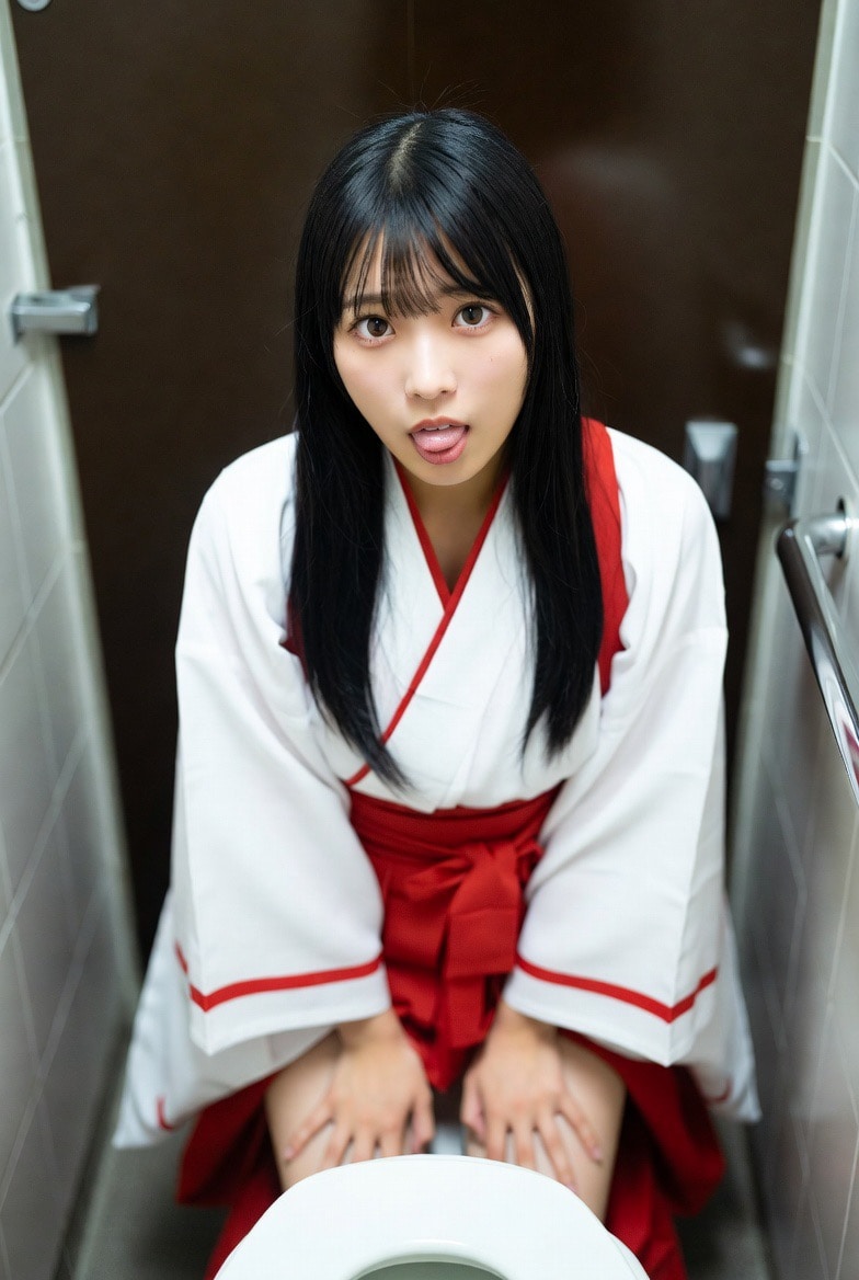 巫女、トイレで舌出し