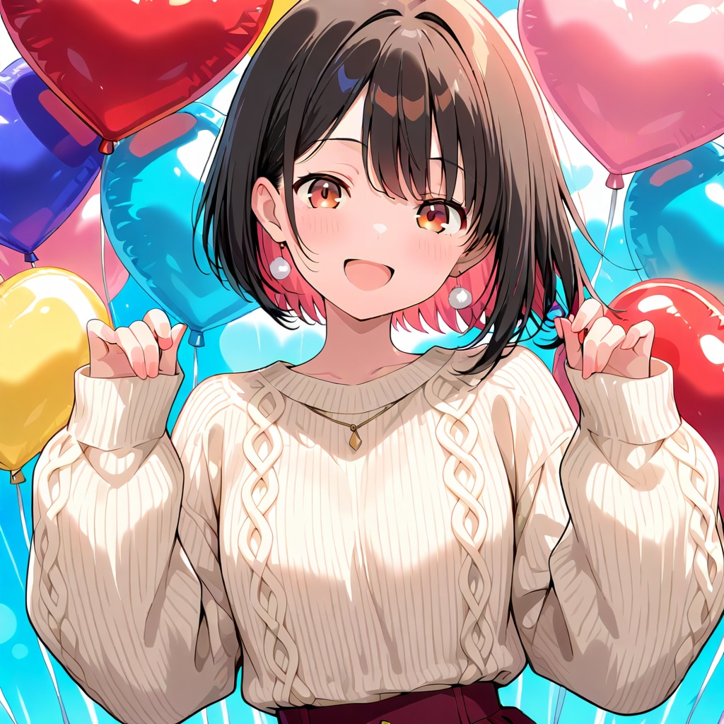 いっぱいハート風船を持つ黒髪ショートカットのニット服着た美女