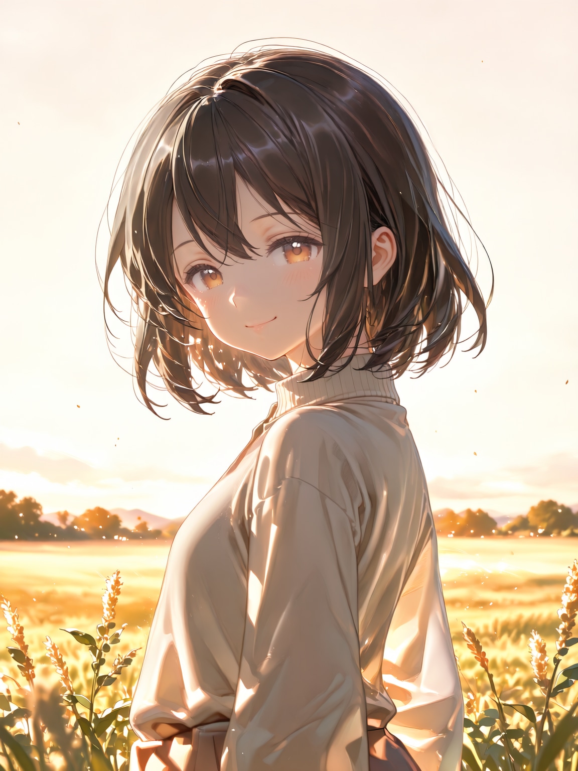 金色に染まる麦畑でふと振り返るおんなのこ | の人気AIイラスト・グラビア