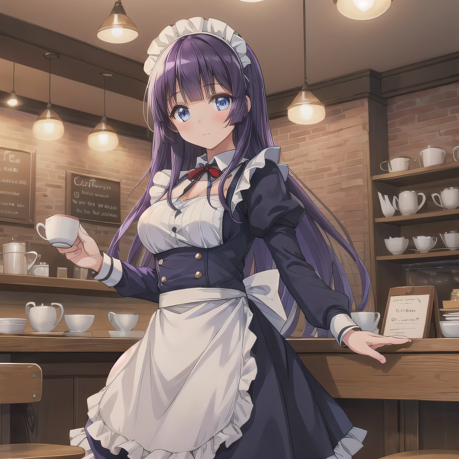 紫髪ロングでカフェの少女３ | の人気AIイラスト・グラビア