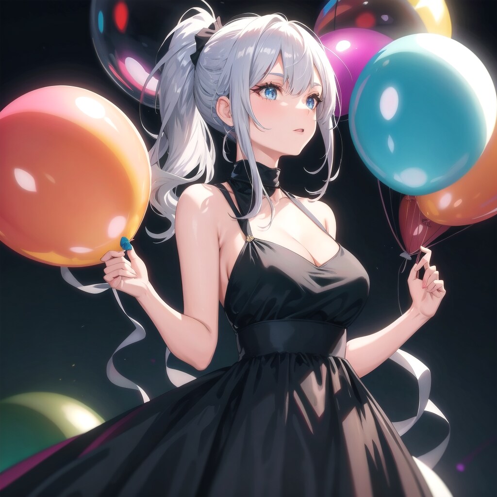 いっぱい色とりどりの風船を持つ銀髪ポニーテールの黒いドレス着た美女