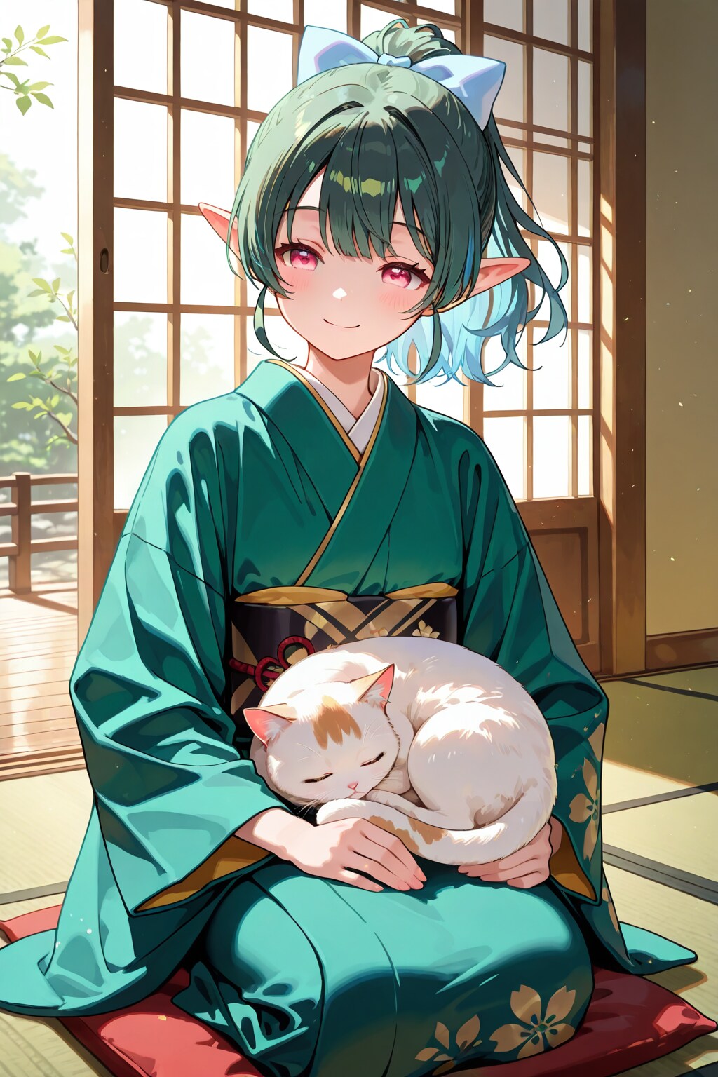 🪴 " BONSAI " の着物エルフ少女と猫ちゃん 🐈 | の人気AIイラスト・グラビア