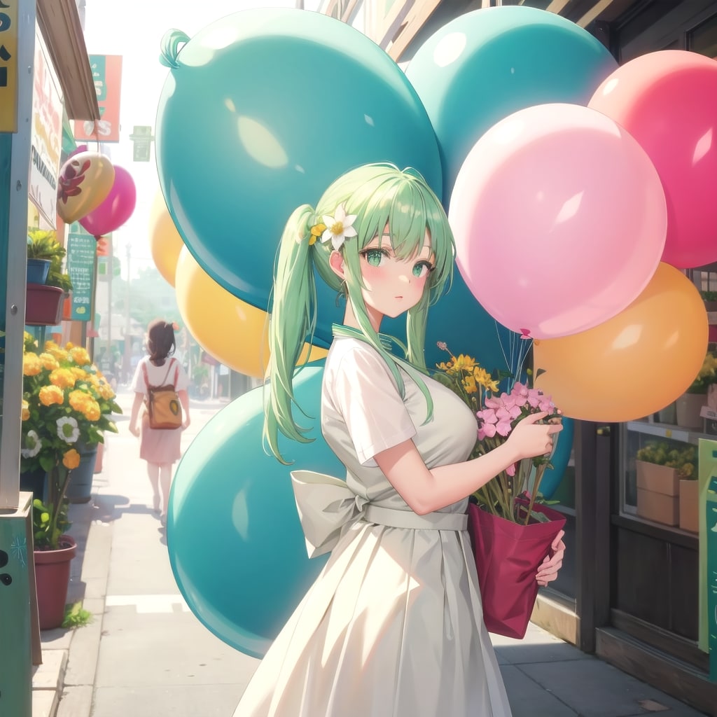いっぱい色とりどりの巨大風船を持つ緑色ツインテールのお花屋さんの美女 | の人気AIイラスト・グラビア