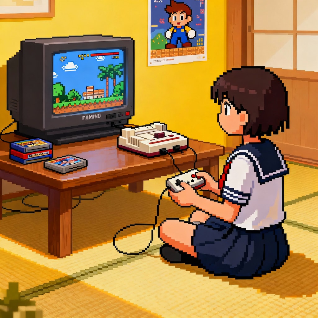 ファミコンで遊んでいるセーラー服を着た小学生