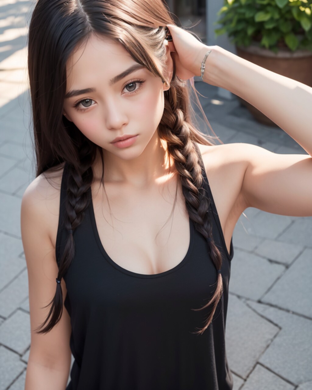着慣れないタンクトップの三つ編みの子。