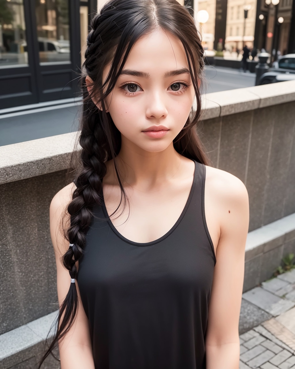 着慣れないタンクトップの三つ編みの子。