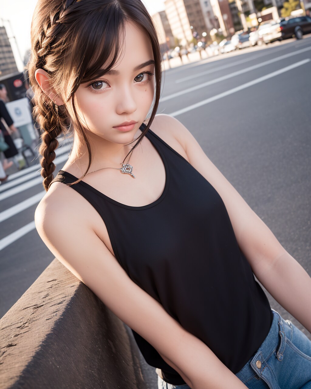 着慣れないタンクトップの三つ編みの子。