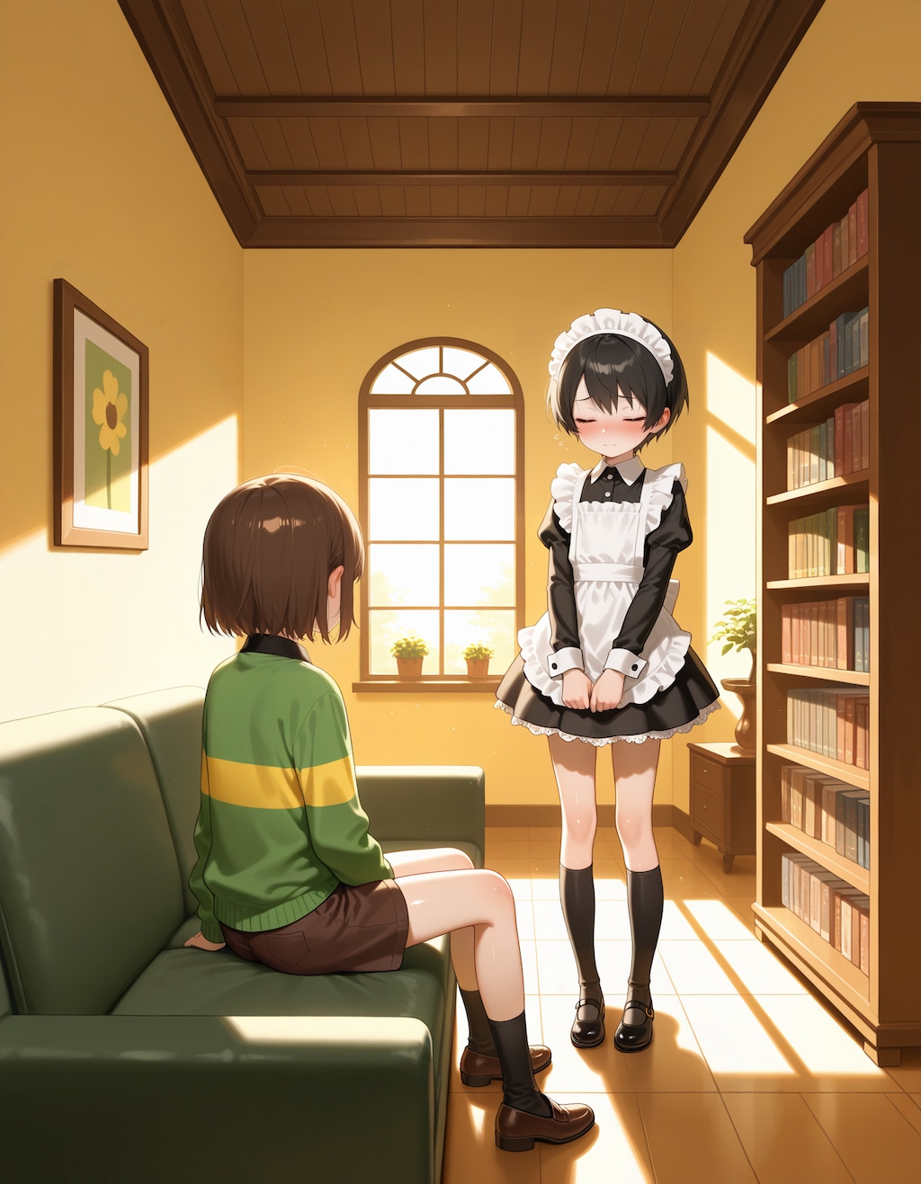 フリスクにメイド服を着せて眺めるキャラちゃん