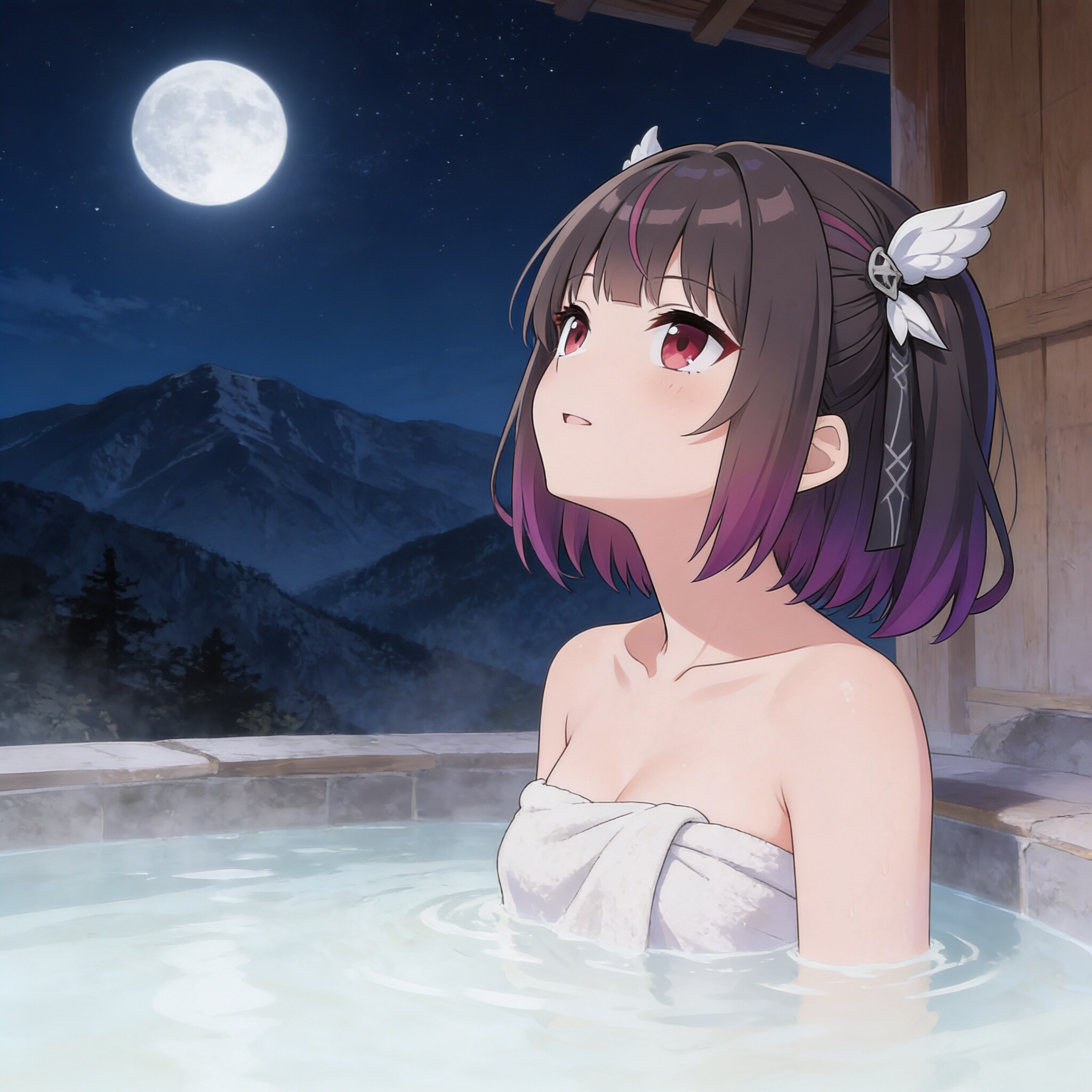 月見をしながら温泉を楽しむミテルちゃん