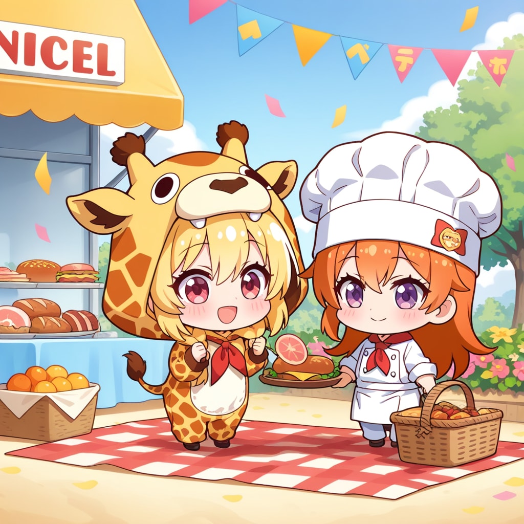 ハムサンドイッチとキリン着ぐるみちび子ちゃん