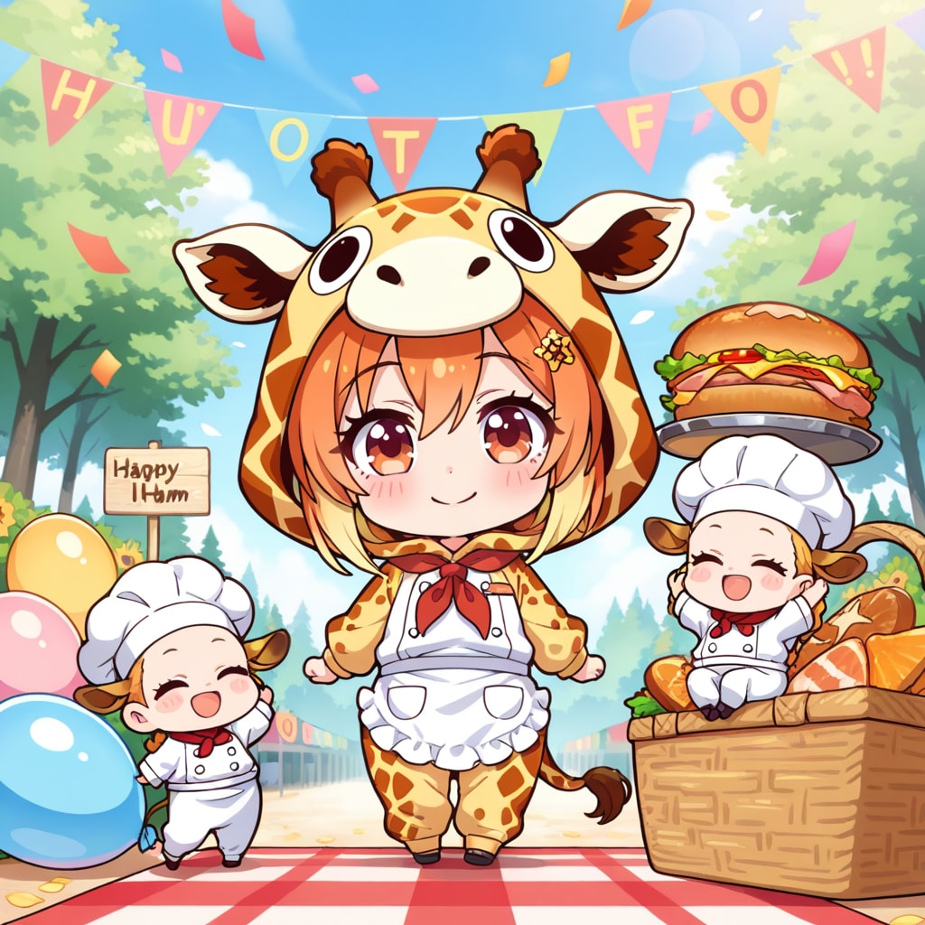 ハムサンドイッチとキリン着ぐるみちび子ちゃん