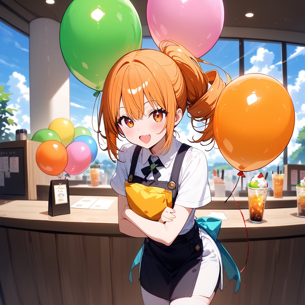 レストランで色とりどりの風船を膨らませて遊ぶオレンジ髪ポニーテールの美女店員さん。