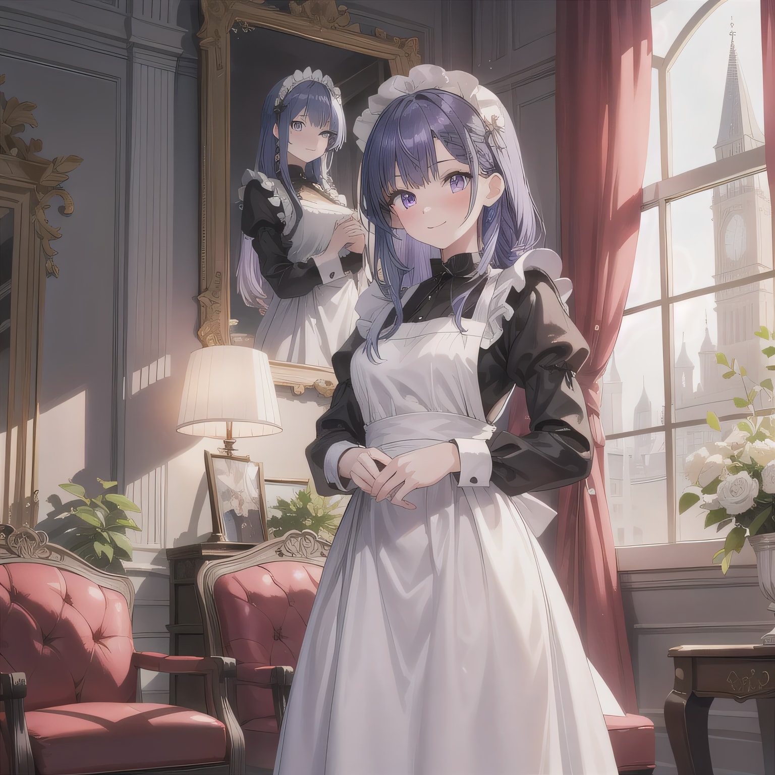 紫髪ロングでメイド服の少女８ | の人気AIイラスト・グラビア