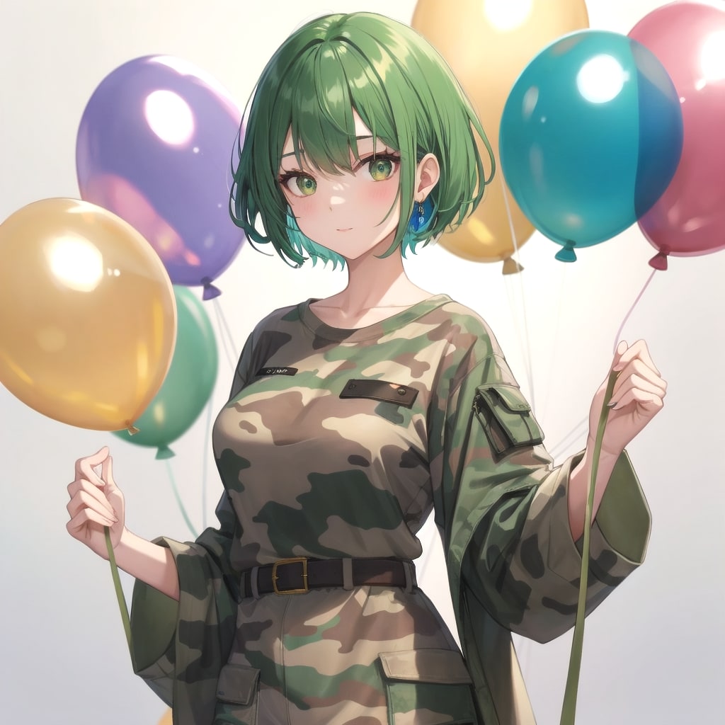 いっぱい風船を持つ緑髪ショートカットの迷彩服着た美女。