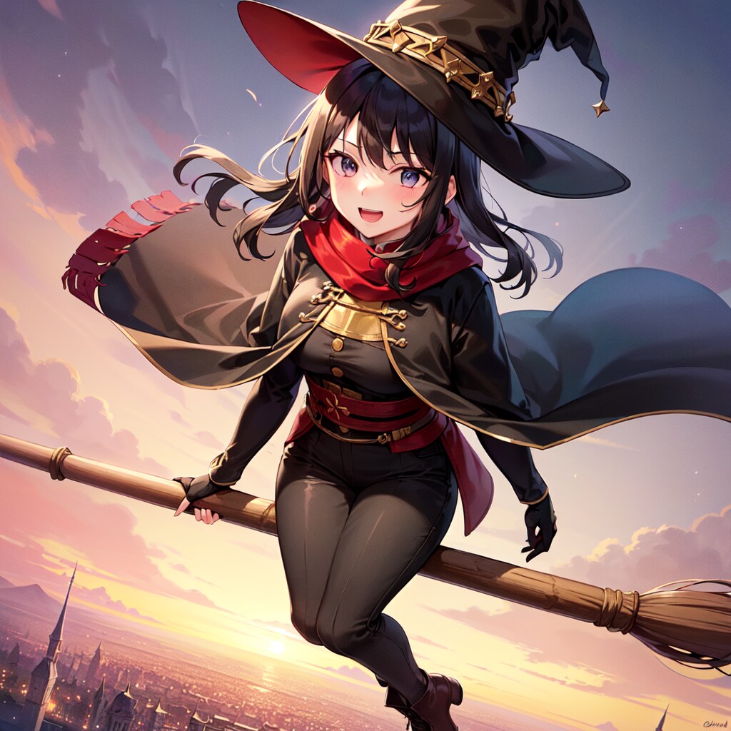 箒に乗って空を飛ぶ魔女