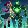 SFロボアニメ風、走るロボパイロット少女 3枚目