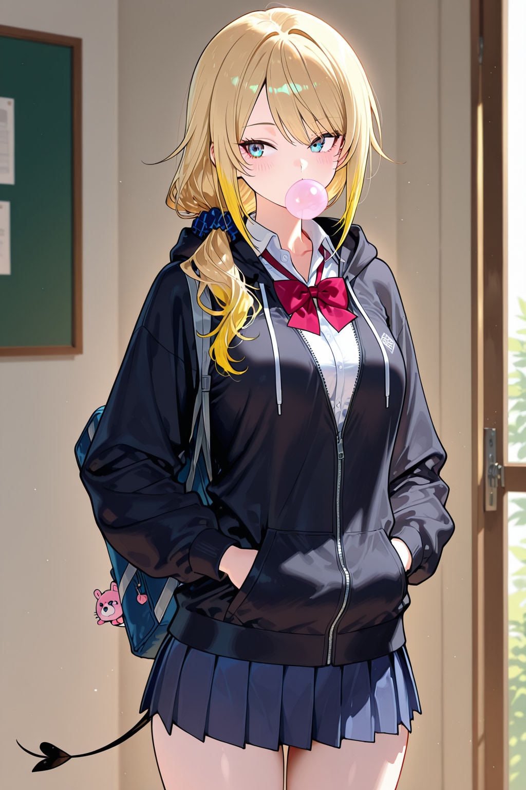 風船ガムと黒パーカー