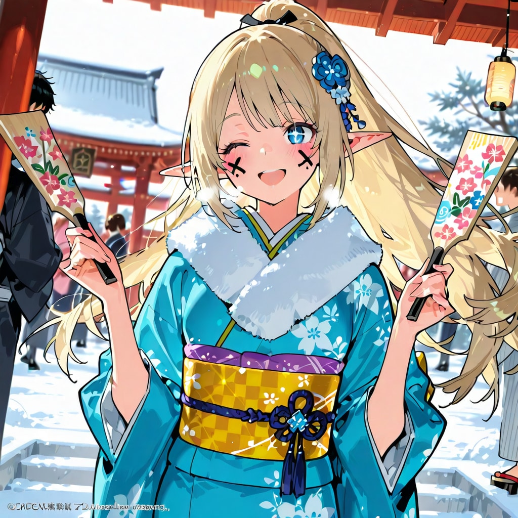 羽根つきをしているエルフの女の子