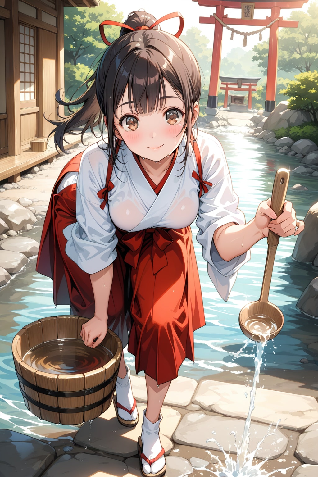 打ち水大作戦中の巫女さん。（LARIMAR）