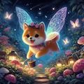 アクリルファンタジー、真夜中に花畑の作業を手伝う小さな妖精柴犬 2枚目