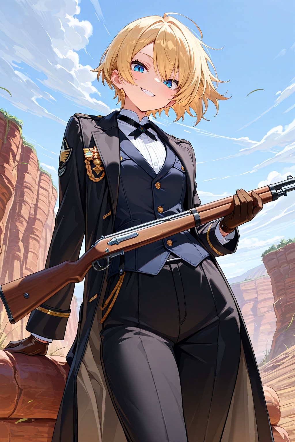 断層が見える荒野で弾倉に給弾する男装の麗人だそうです！