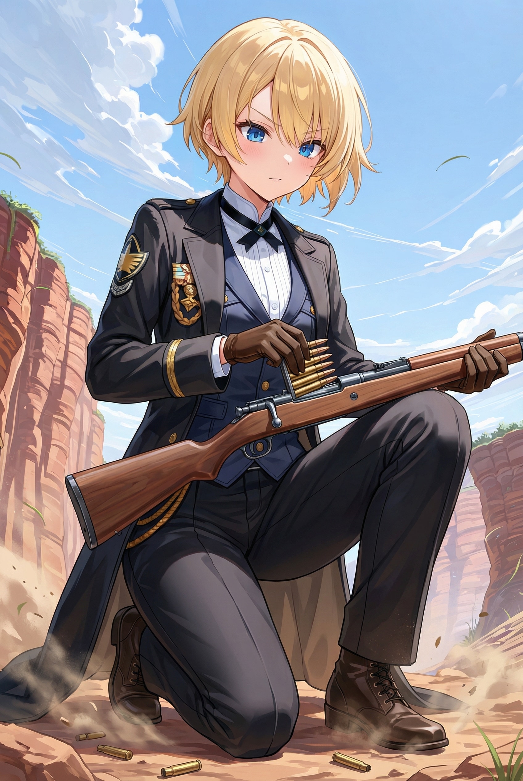 断層が見える荒野で弾倉に給弾する男装の麗人だそうです！ | の人気AIイラスト・グラビア