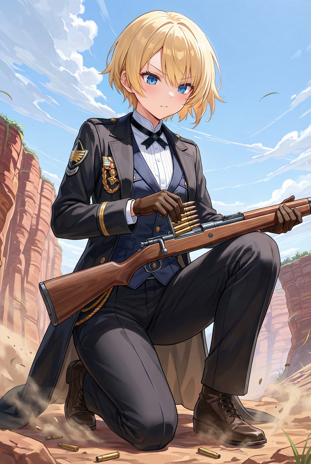 断層が見える荒野で弾倉に給弾する男装の麗人だそうです！