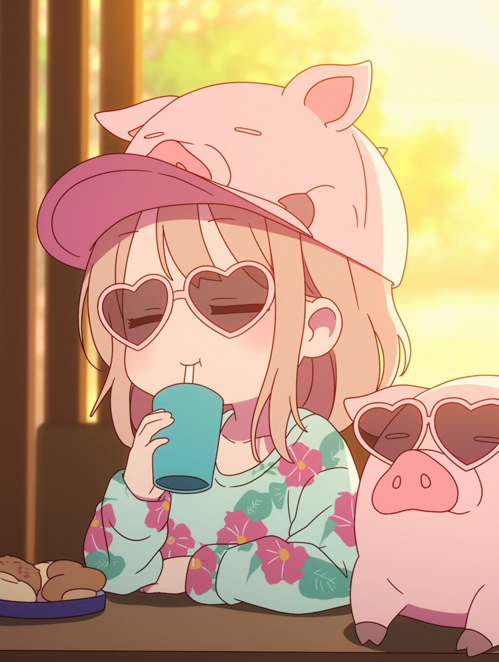 豚さんキャップでお揃いの休暇/“Matching in Piggy Caps: A Cozy Getaway”