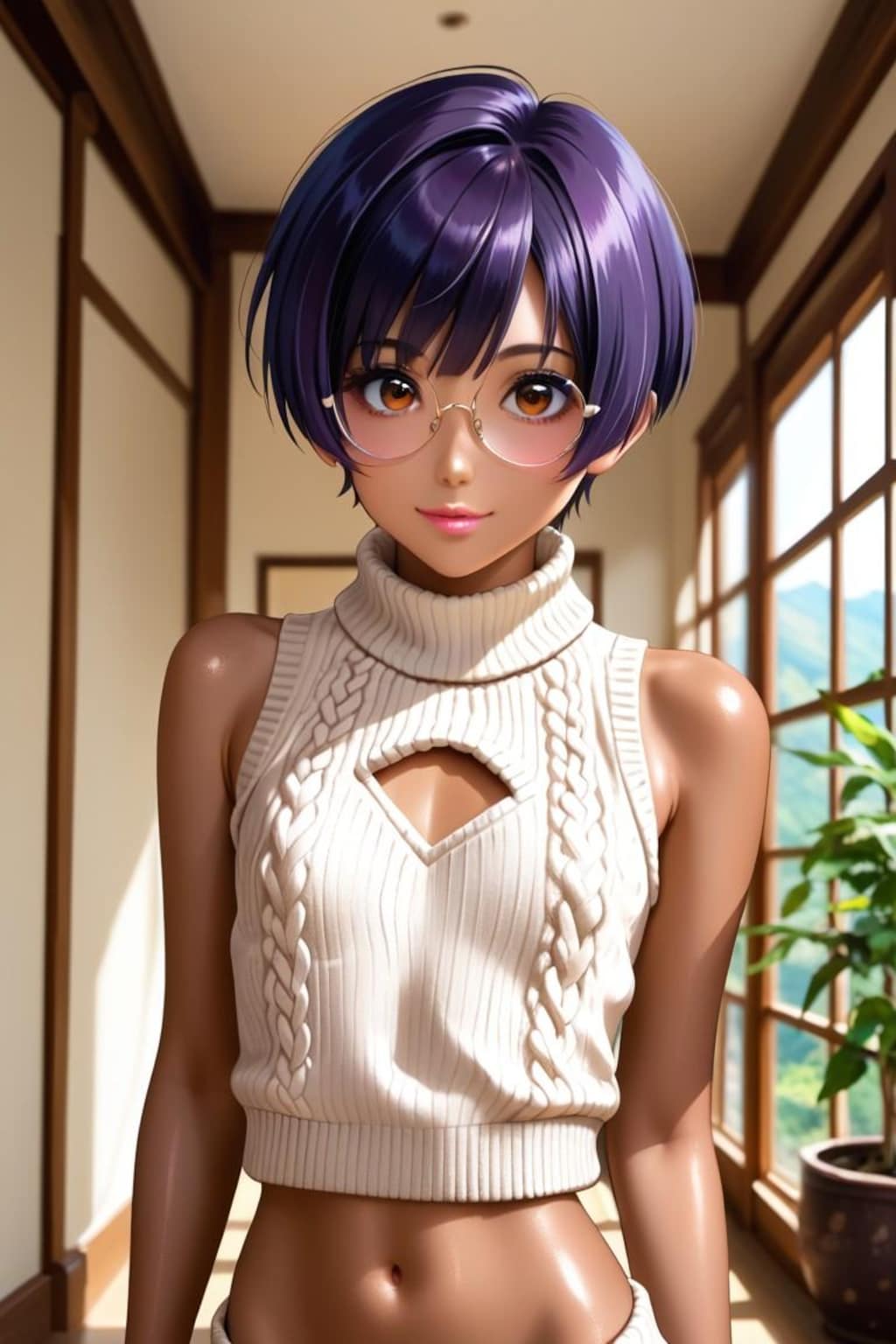 へそ出しセーターのメガネ少女