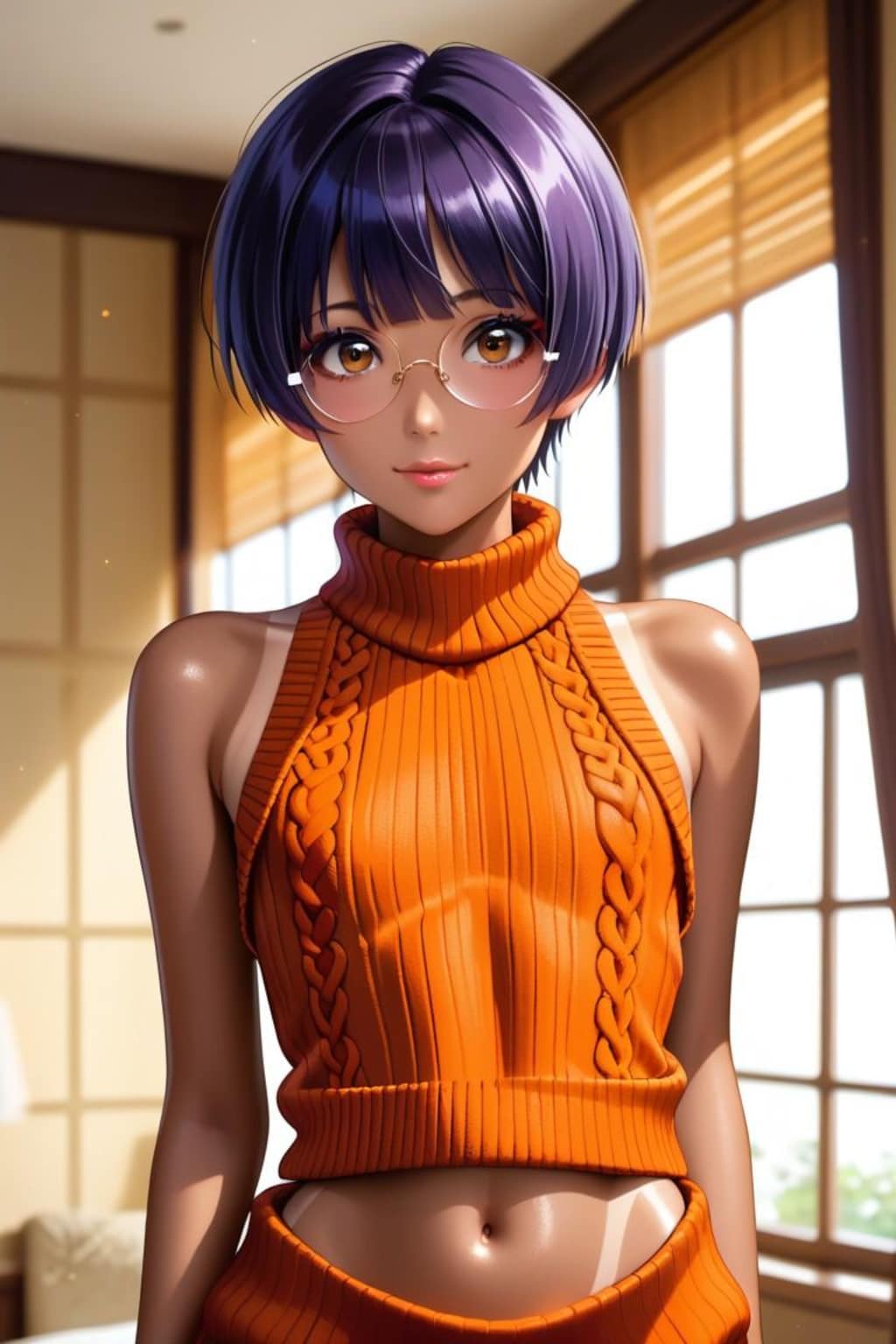 へそ出しセーターのメガネ少女