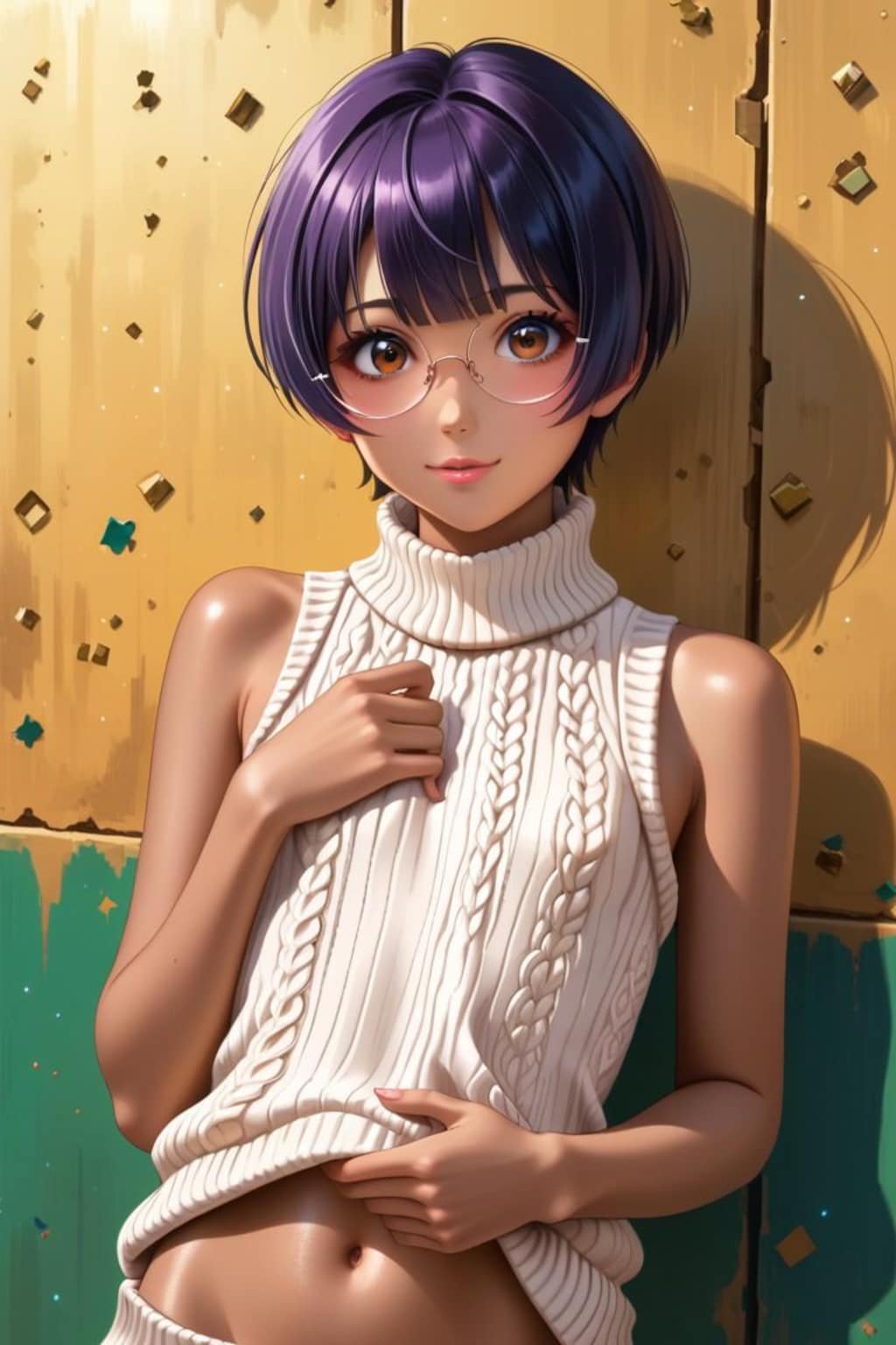 へそ出しセーターのメガネ少女