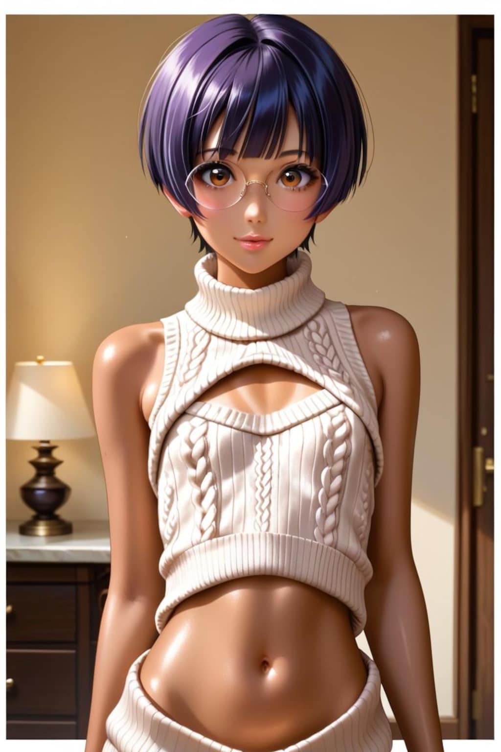 へそ出しセーターのメガネ少女