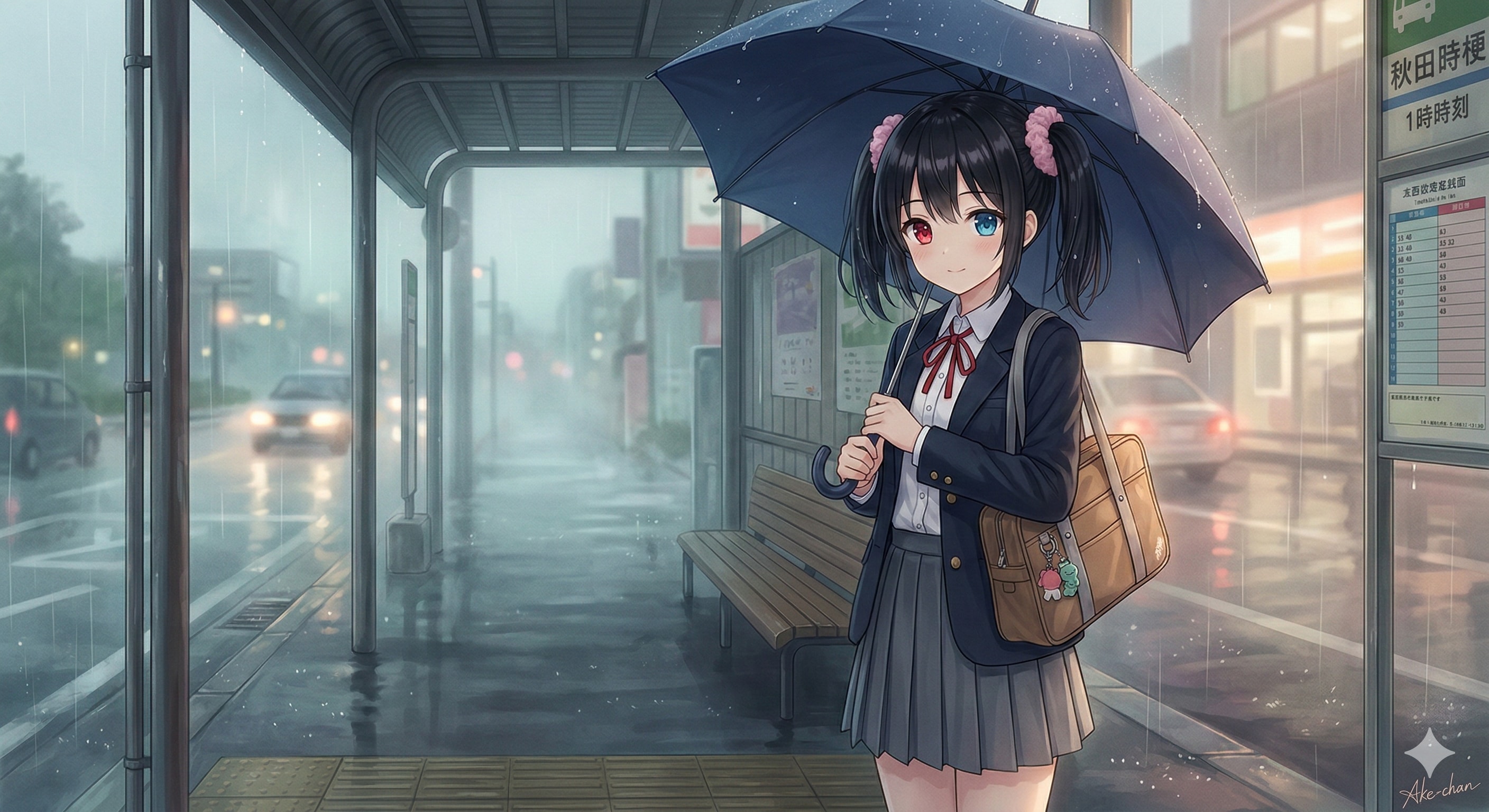 雨のバス停☔️にアケちゃん | の人気AIイラスト・グラビア