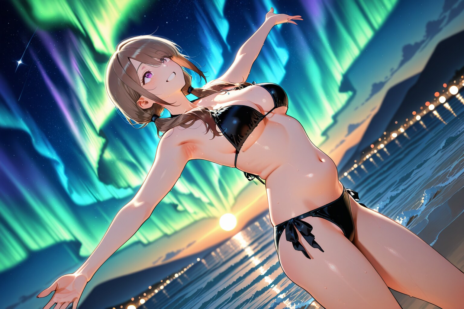 夏の海でのオーロラ