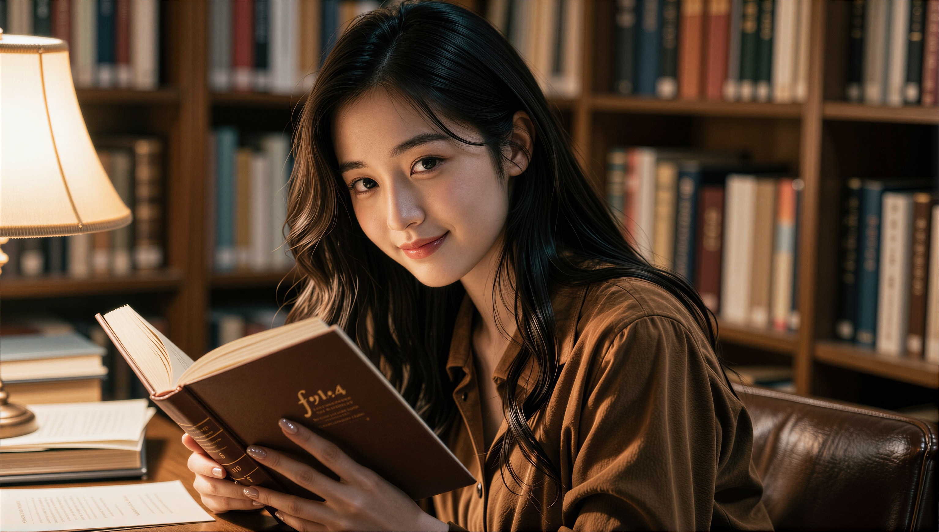 図書館で本を読む女性