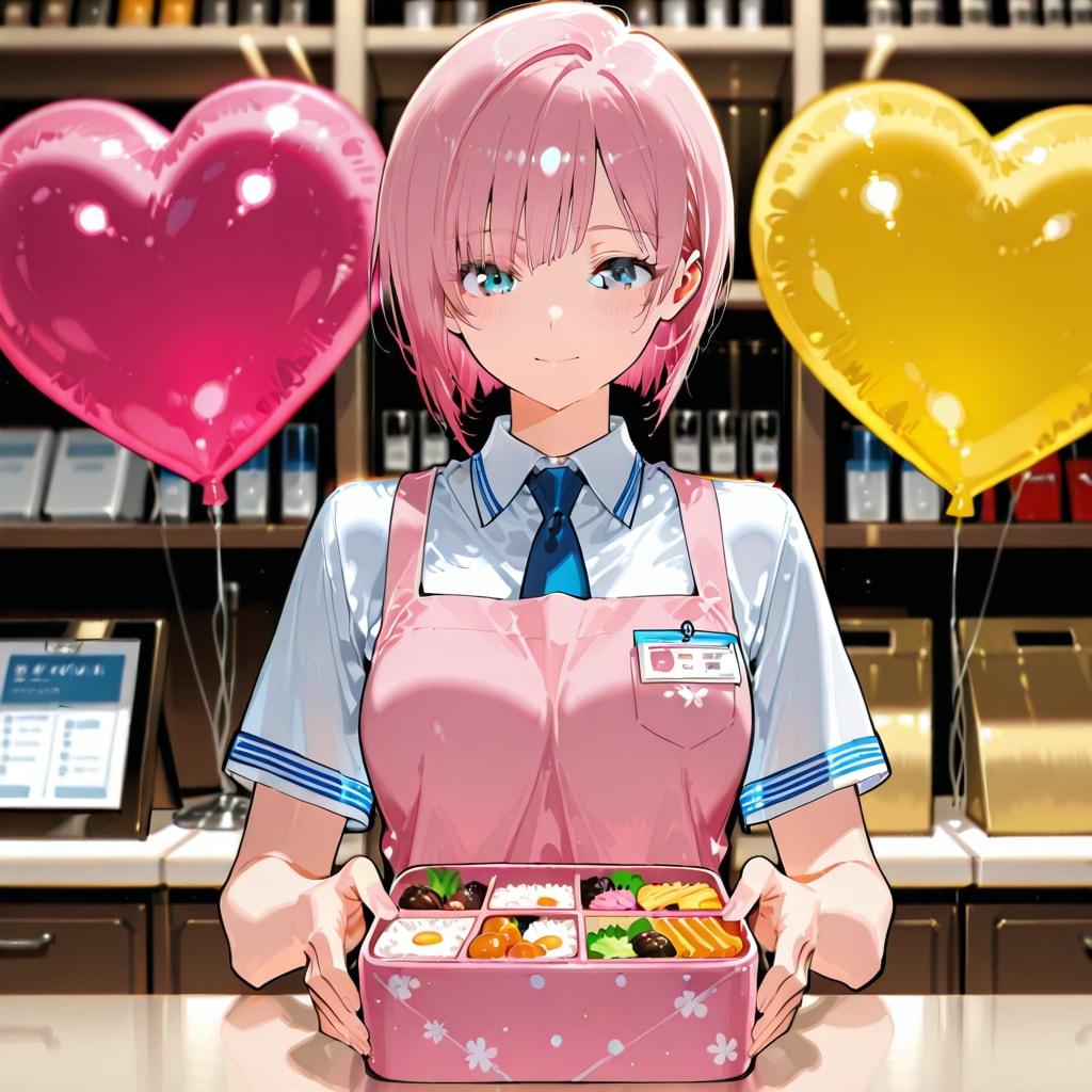 いっぱいハート風船を持つピンク髪ショートカットのお弁当屋さんの美女店員さん | の人気AIイラスト・グラビア