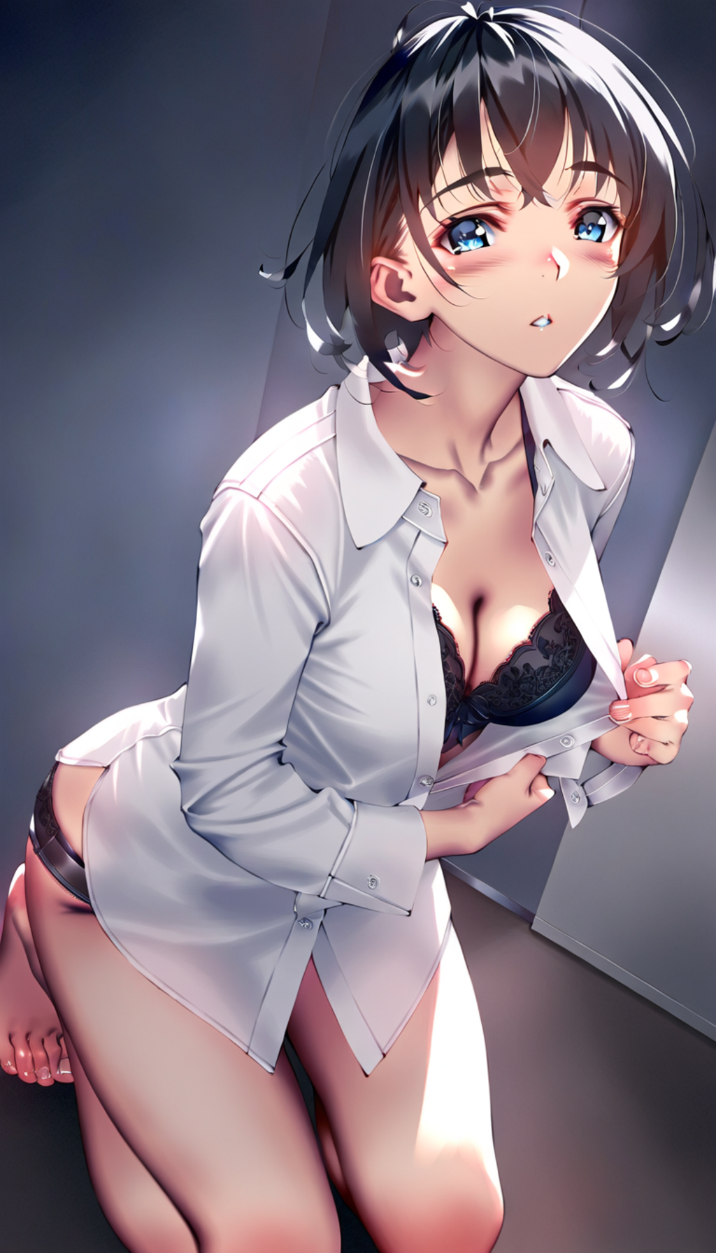 white shirt, black lingerie