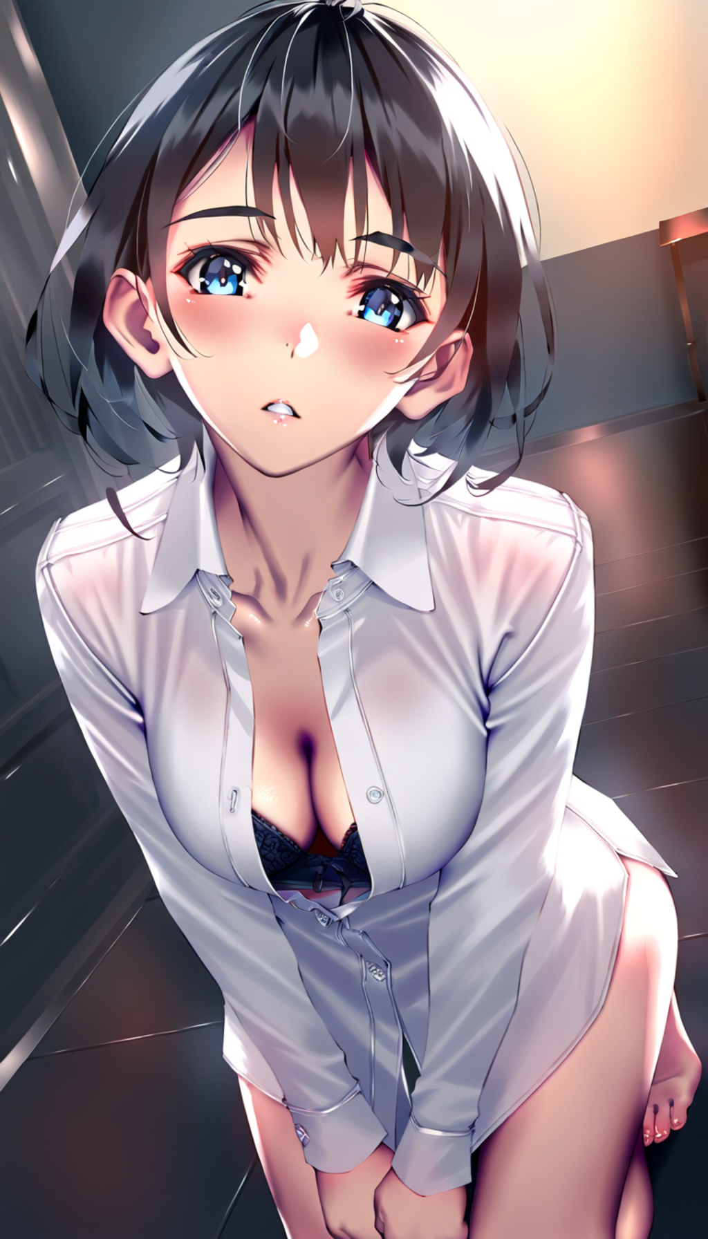 white shirt, black lingerie
