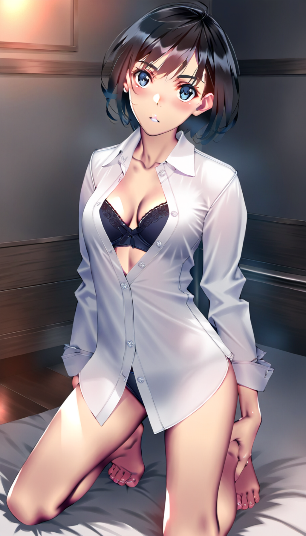white shirt, black lingerie