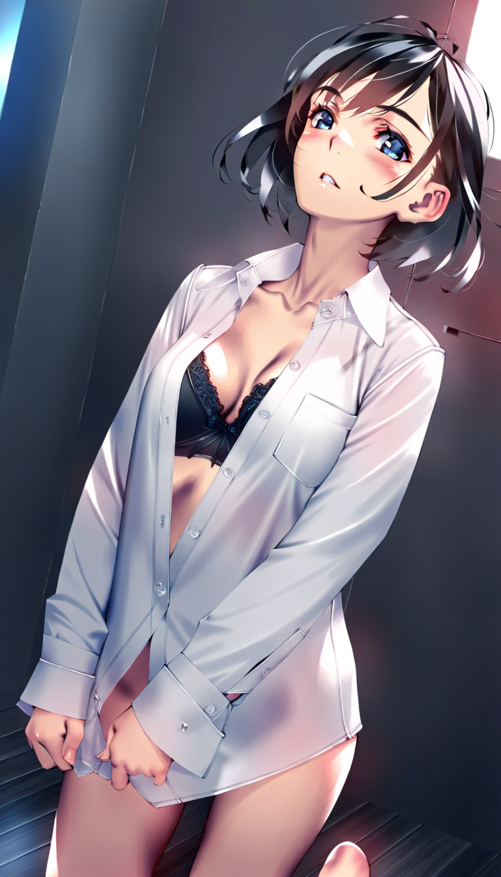 white shirt, black lingerie