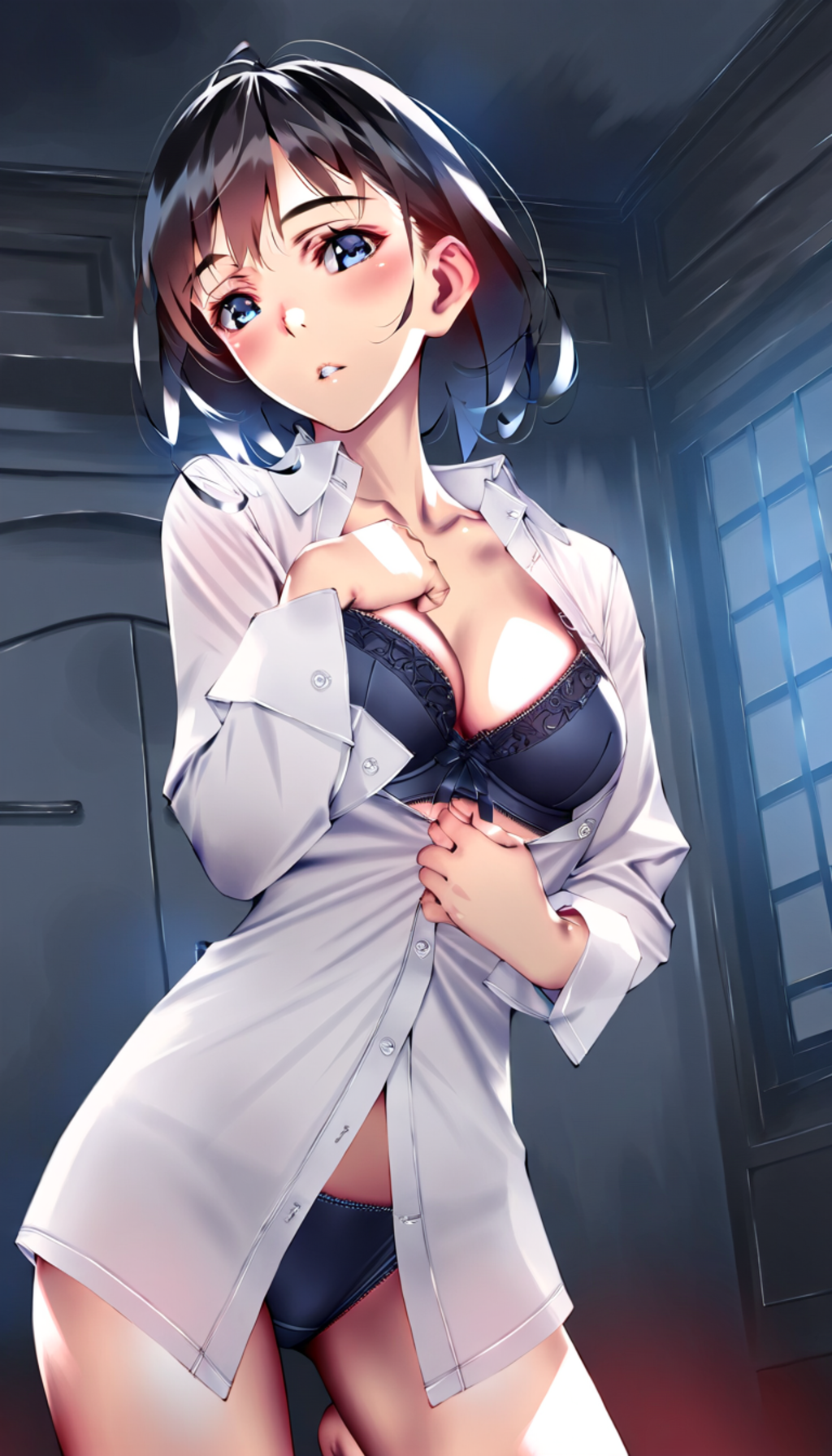 white shirt, black lingerie