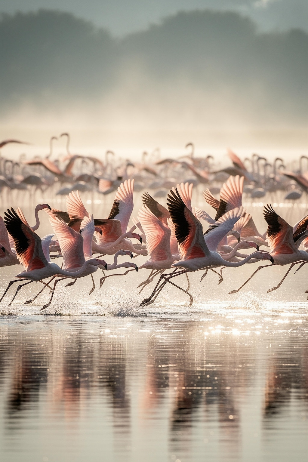飛び立つフラミンゴ