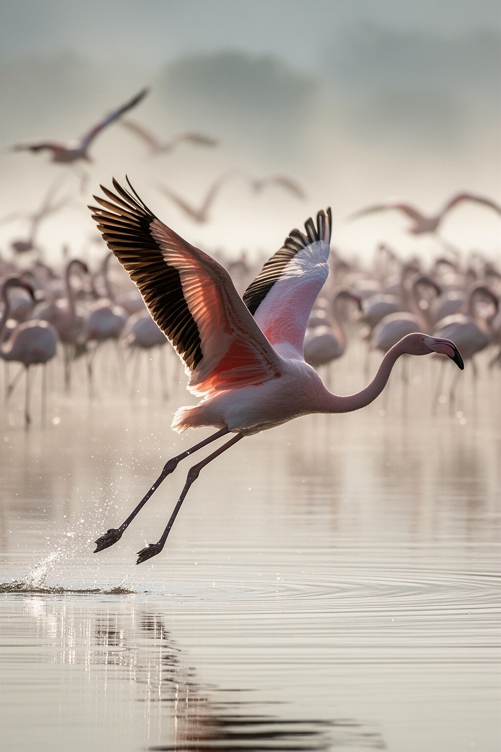 飛び立つフラミンゴ