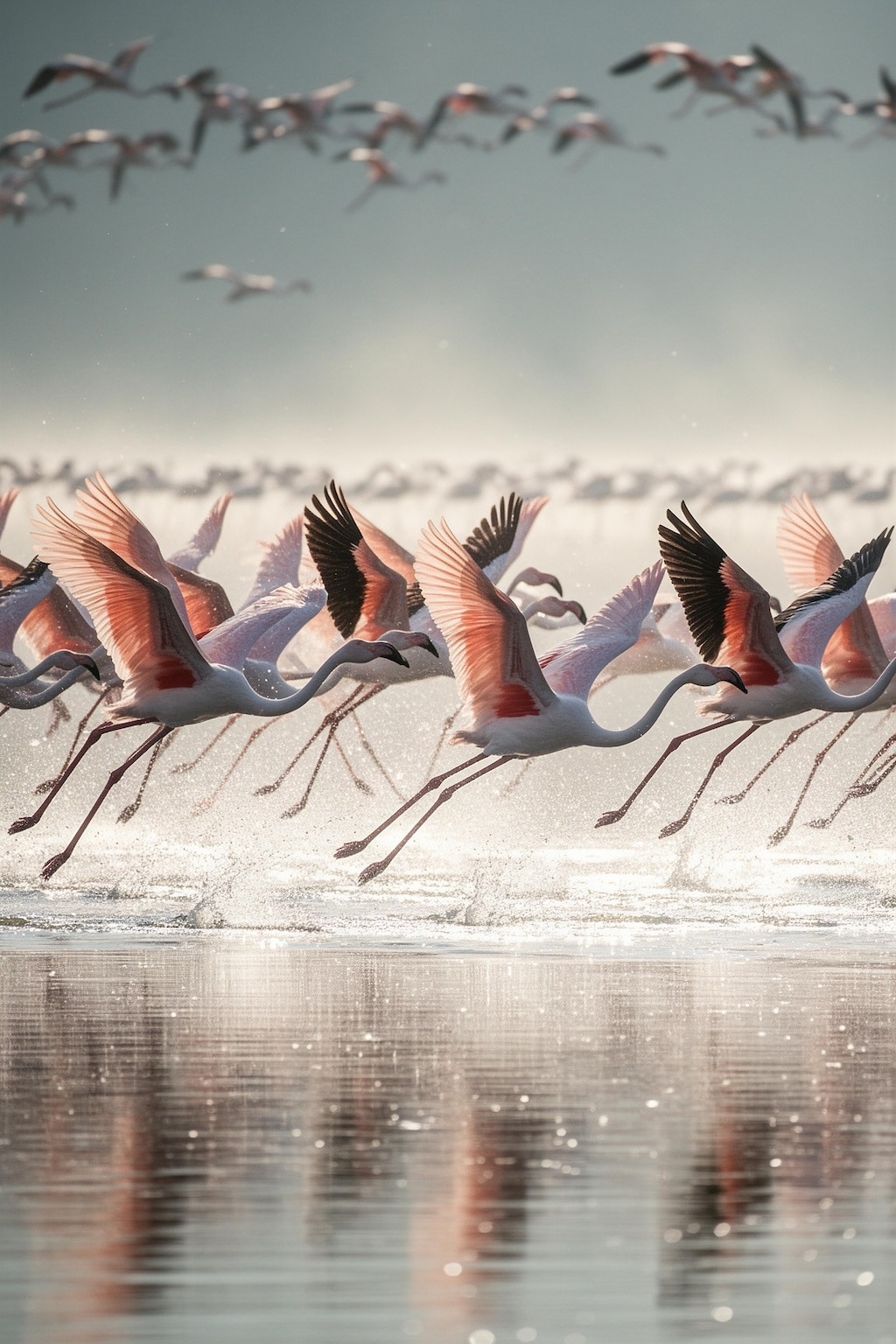 飛び立つフラミンゴ